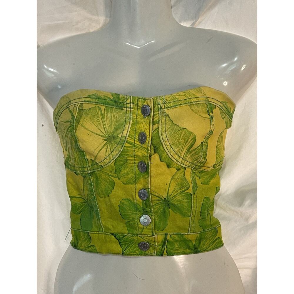 VBRT Vibrant Corset Top Shirt Women’s Size Small Green Yellow Butterflies Cotton